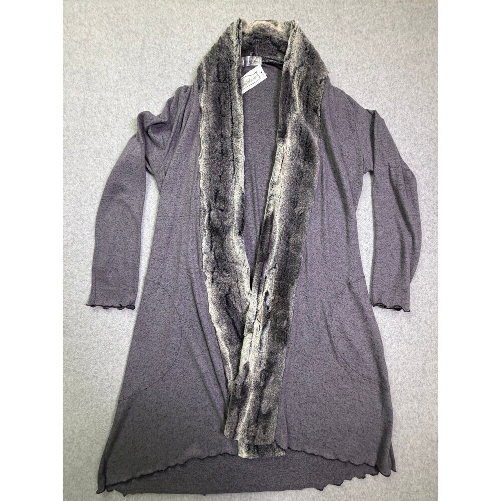 Vine Street L Gray Faux Fur Trim Open Front Duster Cardigan Sweater NWT USA